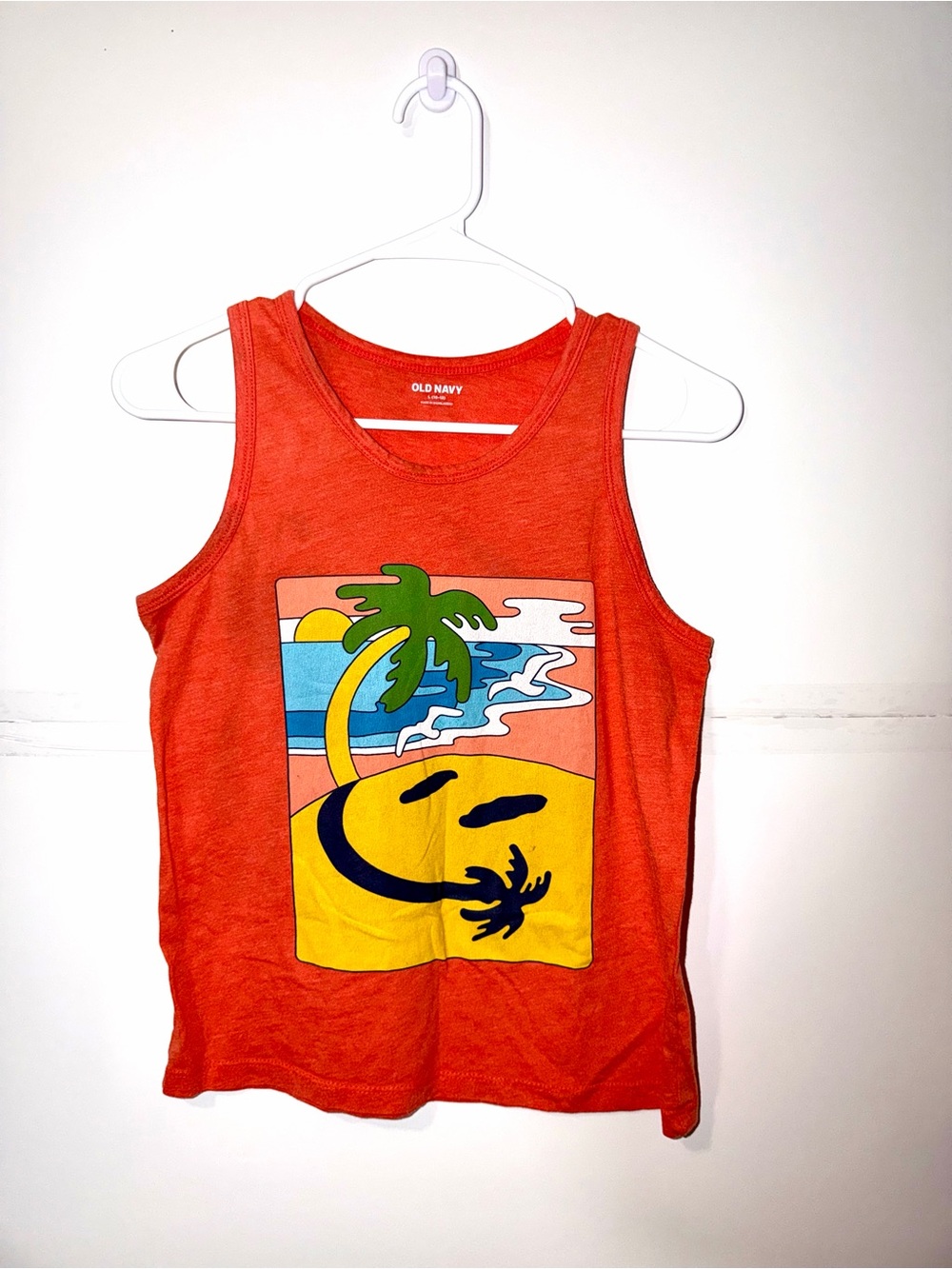 Old Navy Orange Tank with Tropical Palm & Sunset Graphic